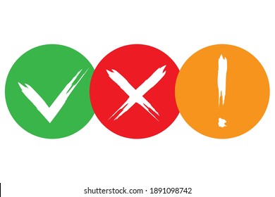 Botones de marca de verificación, cruz y marca de exclamación. Símbolo del icono del sitio web. Botón web del vector. Imagen de archivo. EPS 10.