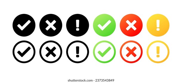 Markierungszeichen, Kreuz, Ausrufezeichen-Symbole. Verschiedene Stile, Farbe, Prüfzeichen, Kreuz, Ausrufezeichen in einem Kreis. Vektorsymbole