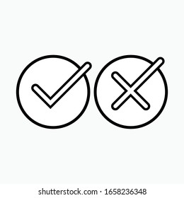 Marca de verificación e icono cruzado. Signo de acuerdo y desacuerdo. Símbolo de marca y cruz. Presentado en Estilo de línea de arte.