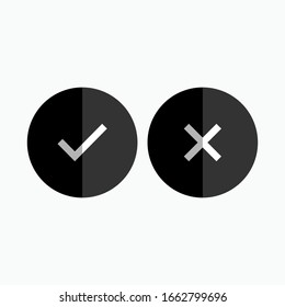 Marca de verificación e icono cruzado. Signo de acuerdo y desacuerdo. Símbolo de marca y cruz. Presentado en estilo glifo.