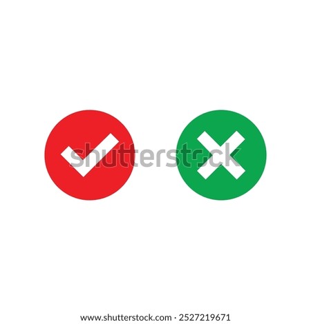 Checkmark and Cross Icon - Check mark icons. Red and white tick and x mark. Round vector icons set isolated on white background