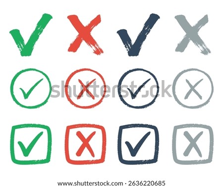 Checkmark and cross icon pack, symbolizing right, wrong, correct, approved, rejected, and other approval outcomes. Designed in brush, pen, and handwritten styles with square, oval, and organic shapes