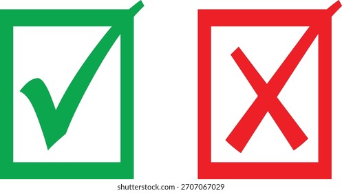 Marcador y conjunto de iconos cruzados, Aprobación y símbolos de denegación para gráficos de decisión, herramientas de confirmación y Elementos de diseño de interfaz seleccionables