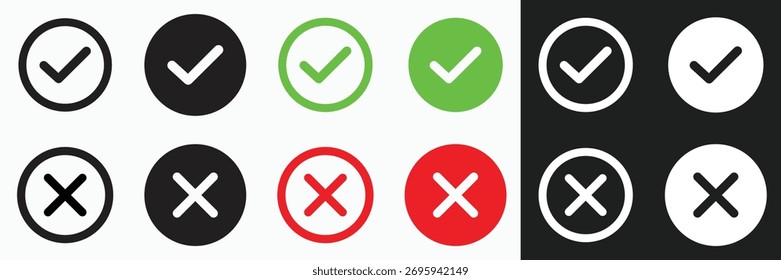 Checkmark and Cross Icon Set — Tick and Cancel Symbols in Black, Green, and Red Circles on Light and Dark Backgrounds