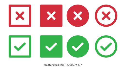 Checkmark and Cross Icon Set: Yes or No Symbols for Error, Success, Correct, Incorrect, Delete, and Approval Status Vector