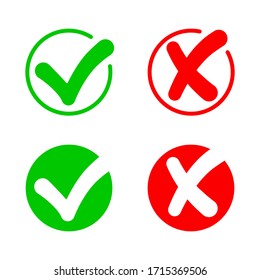 Checkmark and cross. Icon of true. Check answer. Wrong, correct, incorrect and right symbols. x or ok. Green yes, red dont. Positive and bad sign. Button for quiz. Circle with agree and error. Vector.