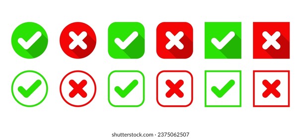 Checkmark and cross icon vector set collection. Check, tick, and x mark sign symbol