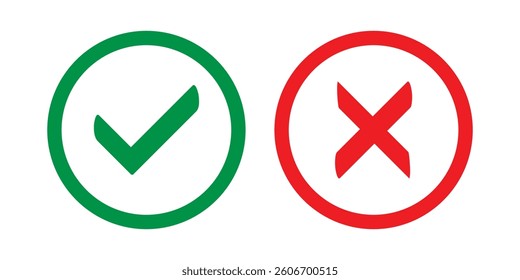 Checkmark and cross icon vector set collection. Check, tick, and x mark sign symbol. Vector check and cross sign vector set on isolated background.