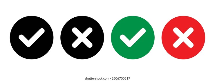 Checkmark and cross icon vector set collection. Check, tick, and x mark sign symbol. Vector check and cross sign vector set on isolated background.