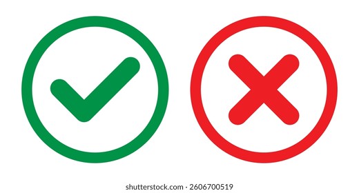 Checkmark and cross icon vector set collection. Check, tick, and x mark sign symbol. Vector check and cross sign vector set on isolated background.