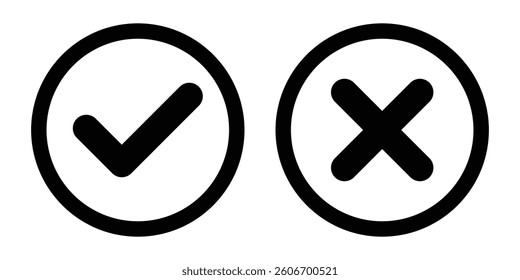 Checkmark and cross icon vector set collection. Check, tick, and x mark sign symbol. Vector check and cross sign vector set on isolated background.