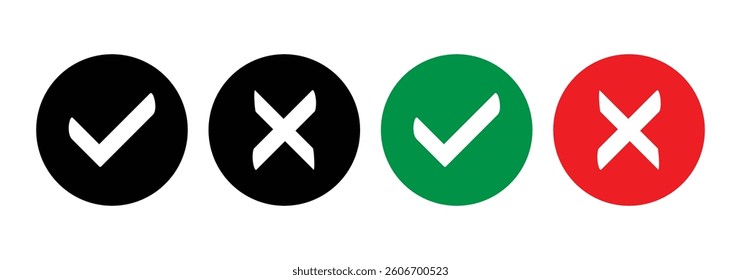 Checkmark and cross icon vector set collection. Check, tick, and x mark sign symbol. Vector check and cross sign vector set on isolated background.