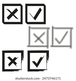 Checkmark and cross icons. Hand drawn style. Square borders. Black and white.