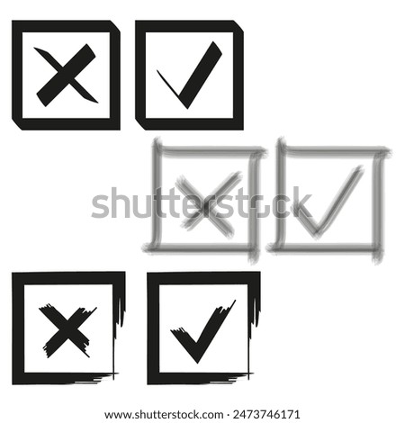 Checkmark and cross icons. Hand drawn style. Square borders. Black and white.