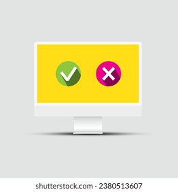 Marca de verificación e iconos cruzados en la pantalla del ordenador, símbolo de tecnología vectorial