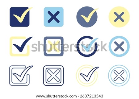 Checkmark and cross icons in pastel colors, featuring different styles including flat, outline, and filled for approval and rejection UI.