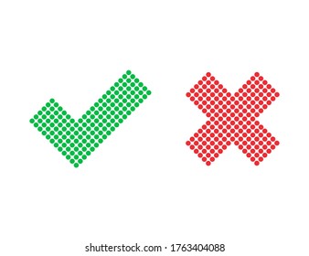 Checkmark and cross icons. Red and green positive and negative answer. Correct and incorrect sign. Yes and no iocns. Dotted style of check mark tick. Isolated X button. Error sign. Vector EPS 10