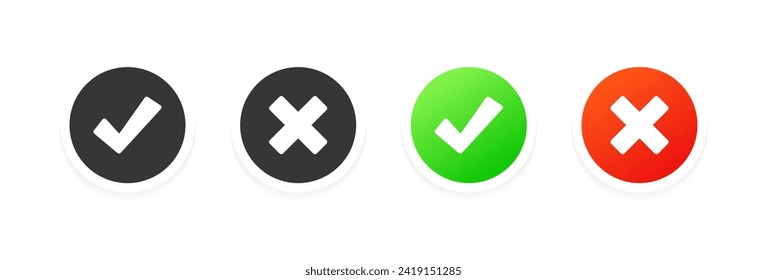 Checkmark and cross icons set. Flat style. Vector icons
