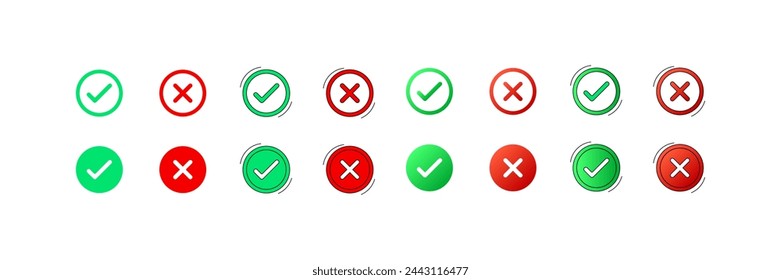 Checkmark and cross icons set. Tick and cross set. Flat style. Vector icons