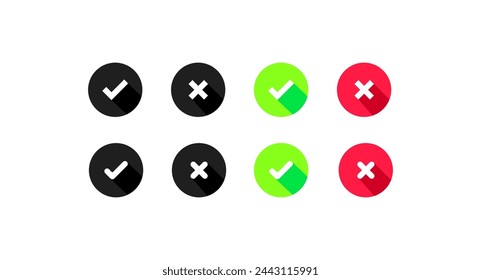 Checkmark and cross icons set. Yes or no buttons. Flat and silhouette style