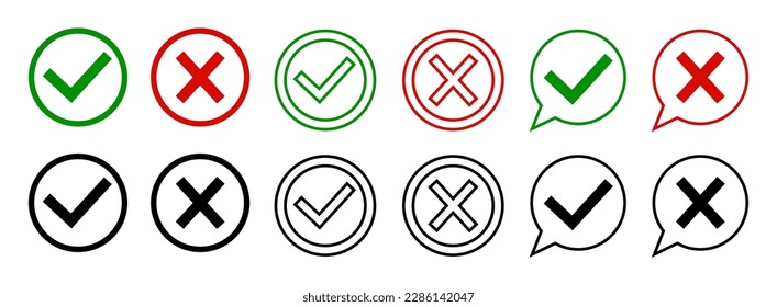 Marca de verificación e iconos cruzados. Firmar para marca negativa o positiva. Botones verdes, rojos y negros. Símbolo de garrapata, verificación, incorrecto, derecho, añadir y menos. Iconos planos del pictograma. Vector.