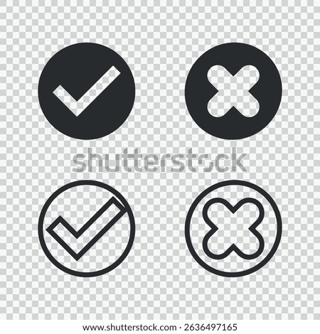 Checkmark and Cross Icons – Solid and Outline Set. Vector icon set featuring checkmark and cross symbols in both solid and outline styles. Perfect for user interfaces, web applications.
