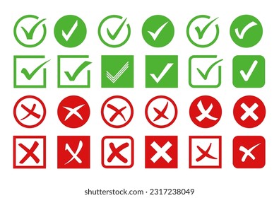 Marca de verificación e iconos cruzados. Signo de verificación, marcas aprobadas y denegadas. Se aceptan y rechazan diferentes estilos de conjunto de símbolos vectoriales. Elección correcta e incorrecta, concepto de respuesta verdadero o falso