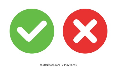 Marca de verificación y cruz. Símbolo de vector aislado. Marca de verificación símbolo de la derecha marca. Pregunta de prueba.