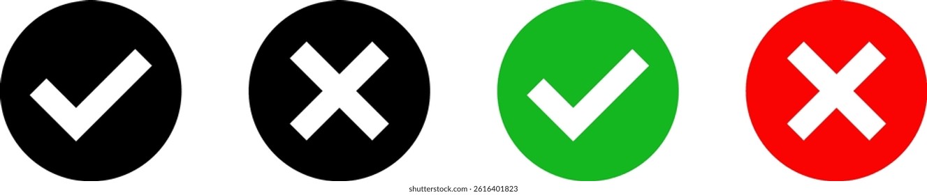 Checkmark and cross mark icon set. green tick mark. red icons. yes and no buttons. do and don't button

