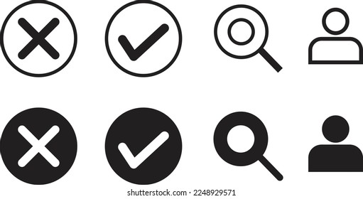  checkmark,  cross mark, magnifying glass icon,  Name icon, Man icon, People icon, illustration of a set of icons, illustration of a set of icons for design