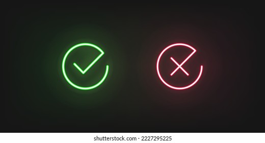 Checkmark and cross neon vector illustration. Check icon glowing light.