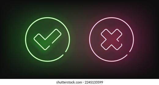 Checkmark and cross neon vector illustration. Yes or no check icon glowing light. Approve and reject on dark background.