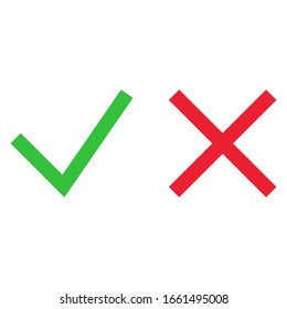 Checkmark cross on white background. Isolated vector sign symbol. Checkmark icon set. Checkmark right symbol tick sign. Flat vector icon. Test question. Green check and red cross symbols. EPS 10