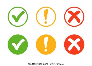 Checkmark cross on white background. Green check marks and red crosses. Symbols of acceptance, rejection and attention. Circle and square, hard and rounded corners. Vector illustration