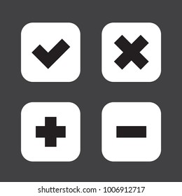 Checkmark Cross Plus Minus, x v + -, white rounded square shape icons, flat design vector pictogram, infographic interface elements for app logo web button ui ux isolated on black background