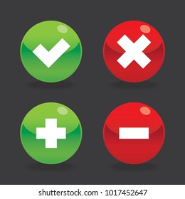 Checkmark Cross Plus Minus, x v + -, red green rounded circle shape icons, flat design vector pictogram, infographic interface elements for app logo web button ui ux isolated on black background