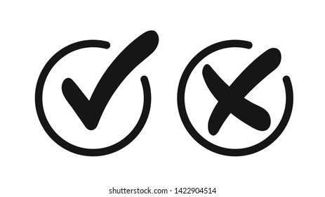 Checkmark and cross in round frame. Icon, sign symbol of approval and rejection. Vector check-mark and cross sign.