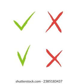 Checkmark and cross sign hand painted icon set. Infographic flat design vector elements for yes or no answer. Accept or reject, agree or disagree symbols.