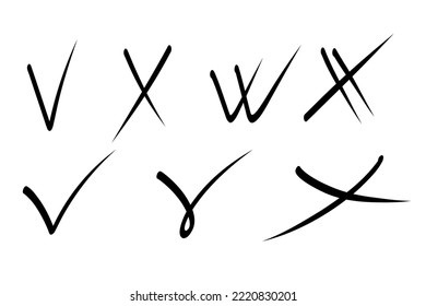 Checkmark cross sign. Marker hand drawn check marks answers in test, confirmation, negation icons. Checklist brush marks template, voting set. Vector flat illustration isolated on white.