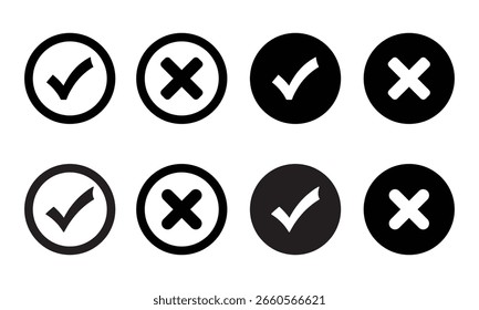 Marca de verificación y Ilustración vectorial de símbolo cruzado. tick y símbolo incorrecto.