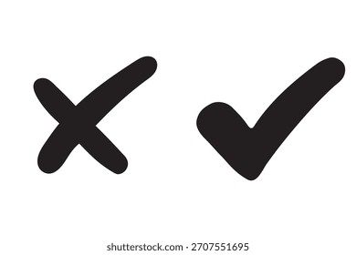 Marca de verificación de símbolos cruzados. Casilla de verificación falsos iconos incorrectos establecidos. Marca de verificación de voto, iconos cruzados, conjunto de símbolos. Iconos del vector