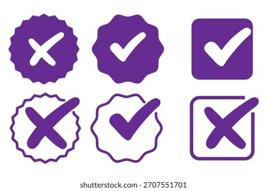 Marca de verificación de símbolos cruzados. Casilla de verificación falsos iconos incorrectos establecidos. Marca de verificación de voto, iconos cruzados, conjunto de símbolos. Iconos del vector