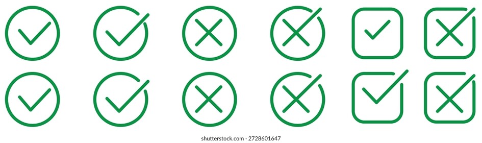 Marca de verificación de símbolos cruzados. Casilla de verificación falsos iconos incorrectos establecidos. Marca de verificación de voto, iconos cruzados, conjunto de símbolos. Iconos vectoriales ilustración de stock