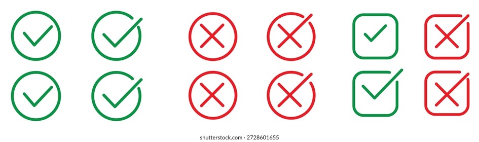 Símbolos cruzados de marca de seleção. Caixa de seleção definida com ícones falsos errados. Votar marca de seleção, ícones cruzados, símbolos definidos. Ilustração de stock de ícones vetoriais