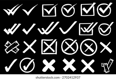 Marcador y símbolos cruzados establecidos para Aprobación, votación, finalización de tareas, Elementos de interfaz de usuario, decisiones, gráficos de encuestas e iconos de marcadores mínimos