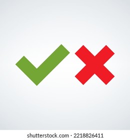 Checkmark cross tick sign in green and red. Correct wrong Test question button. Stock vector illustration isolated on white background.