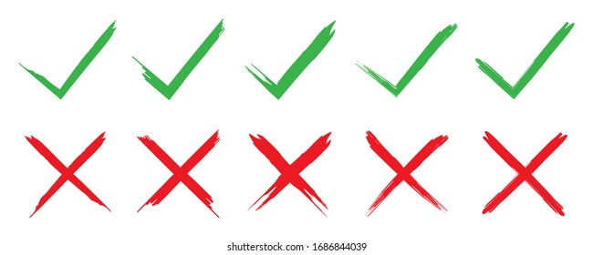 Checkmark cross vector icons isolated on white background. Green red tick set of cross and checkmark. Vintage doodle icon with green checkmark cross brush. EPS 10