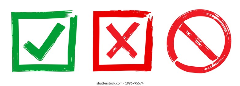 Checkmark and cross vector symbols. Green check mark for a positive answer and a red cross for a rejection. Crossed out circle of prohibition. Checklist icons in handwritten style for voting answers.