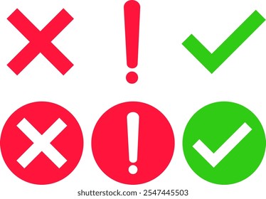 Checkmark, crossmark and exclamation icon set. Tick mark, exclamation and cross mark symbol
