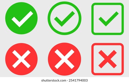 Checkmark crossmark icon set. Green check mark icon and red cross mark icon set. Check mark with right and wrong sign. Tick and cross icon set. Green check button and red wrong button.